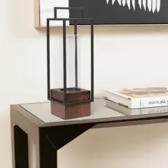HomeRoots 20" Black And Brown Metal And Solid Wood Tabletop Lantern Candle Holder