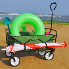 SKRAN Outdoor Collapsible Wagon Cart Heavy Duty Utility Garden Beach Cart with Side Pockets for Shopping, Garden,Camping,Green