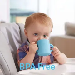 PopYum Silicone Training Cup 2-Pack for Baby and Toddler, handles, BPA Free, self feeding training, tumbler (sky blue and PopYum orange)