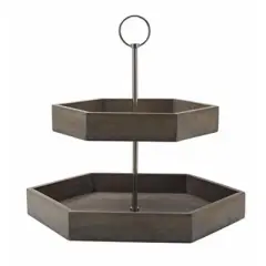Mikasa Gourmet Basics 2-Tier Mango Wood Serving Tray, Hexagonal Shape - Double Layer Countertop Item Stand - Portable & Space-Saving