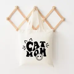 City Creek Prints Cat Mom Smiley Canvas Tote Bag - 15x16 - Natural