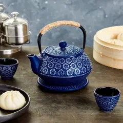 Juvale Set of 6 Blue Cast Iron Floral Teapot Kettle Set, Japanese Tea Pot with Infuser, Trivet & 4 Teacups, 32 oz