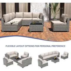 Acekool 7 Piece Patio Set Rattan Outdoor Sofa with Cushions PE Wicker Sectional Couch and Table for Balcony Garden Porch Conversation
