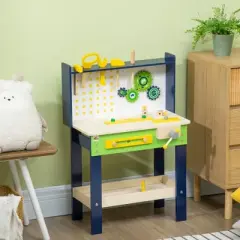 Qaba Wooden Kids Tool Bench with 27 Piece Tool Kit, Construction Work Shop Toy for Toddlers & Ages 3-6, Kids Workbench Playset Gift for Girls and Boys