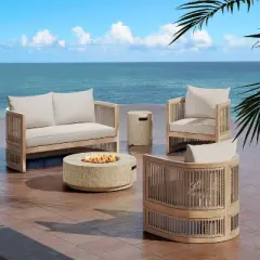 Christopher Knight Home Joplin 5 Piece Outdoor Acacia Wood and Rope Chat Set with Cushions and Round Fire Pit