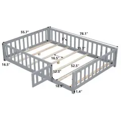Toddler Floor Bed,Full Size Floor Bed with Safety Fence Guardrails and Slats, Wooden Floor Bed Frame with Door, No Box Spring Needed
