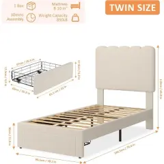 Twin Bed Frame with Under-Bed Drawer Storage &ndash; Velvet/Boucle Upholstered Wave Headboard for Girls, Wood Slat Support (No Box Spring), White/Pink