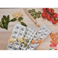 Imperia Ravioli Maker Set-Includes 3 Trays & Wooden Rolling Pin- Pasta Machine Accessory for Ravioli-Durable Aluminum Construction- 3 Different Shapes