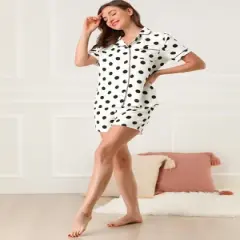 Allegra K Womens Short Sleeve Notch Collar Piped Button Down Sleepwear Polka Dots Pajama Sets