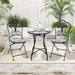 Costway 3pcs Patio Bistro Set Mosaic Pattern Heavy-Duty Metal Dining Folding Outdoor
