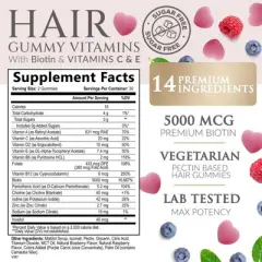 Sugar Free Hair Vitamins Gummies with Biotin 5000 mcg, Vitamin A, B12, C, D, E, Folic Acid, Hair Growth Strong - 60 Gummies By Nature's Nutrition