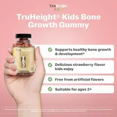 TruHeight Kids Bone Growth Gummies (Strawberry, Ages 2+) All Natural Kids & Toddler Vitamins - Vitamin D, Calcium, K2, Magnesium Multivitamin, Vegan