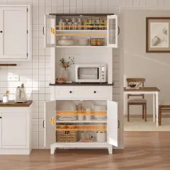 72" Pantry Cabinet with Storage Drawers,Tall Kitchen Pantry Storage Cabinet with 2 Glass Doors