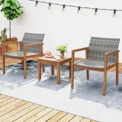 Tangkula 3 Pieces Patio Furniture Set PE Rattan Patio Bistro Set with Chairs & Coffee Table Outdoor Acacia Wood Conversation Set for Garden