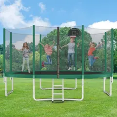 DSVIMOY 14FT Trampoline for Kids with Safety Enclosure Net, Basketball Hoop and Ladder, Round Outdoor Recreational Trampoline, Green, 168"*168"*105"
