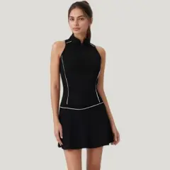 Anna-Kaci Active Women's Sleeveless Performance Polo Tank with Zip Neckline and Contrast Piping for Golf and Tennis