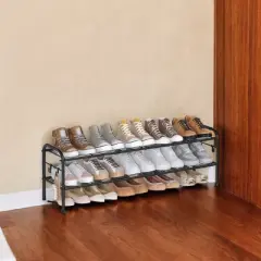 Shoe Rack, 2-Tier Shoe Organizer, Metal Shoe Shelf Storage with 4 Side Hooks, Holds 12 Pairs of Shoes