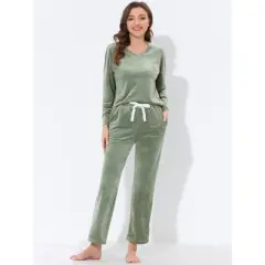 cheibear Womens Velvet Sleepwear Tracksuits with Pockets V-Neck Lounge Sweatsuit Pajama Sets
