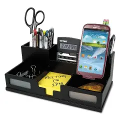 Victor Midnight Black Desk Organizer with Smartphone Holder, 6 Compartments, Wood, 10.5 x 5.5 x 4