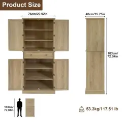72-Inch Tall Narrow Kitchen Pantry Cabinet with 4 Doors & Drawer, Adjustable Shelves, Farmhouse Wooden Storage Cupboard, Natural Finish