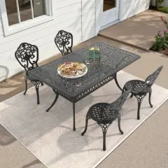 Elegant 5-Piece Cast Aluminum Dining Set - Rectangle Table & Ergonomic Chairs for Garden Patios,All-Weather