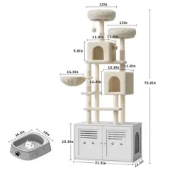 75.6-Inch Tall 2-in-1 Modern Cat Tree with Hidden Litter Box Enclosure &uml;C Large Indoor Cat Tower with Double Condos, Scratching Posts, White