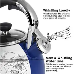 Itopfox Stainless Steel Whistling Tea Kettle with Heat-Resistant Glass Lid & Capsule Bottom, Navy Blue, 2.6 Quart Capacity