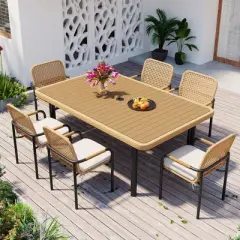 FIONECA 7-Piece Outdoor Wicker Patio Dining Set with Plastic-Wood Table Top, Umbrella Hole, Beige Cushions &uml;C Backyard, Garden & Poolside Furniture
