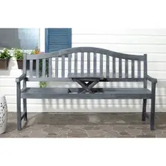 Cannes Wood 4-Seater Patio Bench with Pop-Up Table - Gray - Safavieh