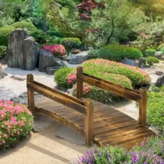 Outsunny Wooden Garden Bridge with Planters, Stained Finish Arc Footbridge with Safety Railings for Backyard, Pond Stream, Stained Wood