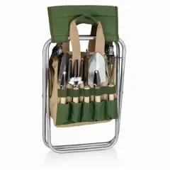 Picnic Time 5pc Garden Tool Set with Tote And Folding Seat: Portable Gardening Gift Kit