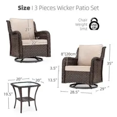 Outdoor Swivel Wicker Glider Patio Chairs with Table Set, 3PCS Outdoor Bistro Set with 4inch Thick Cushions and Coffee Table for Porch, Balcony