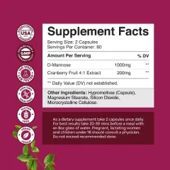 D Mannose 1000mg with Cranberry Extract Capsules, Kidney Cleanse & Urinary Tract Health for Women, Nature's Craft