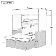 2-Piece Outdoor Patio Rattan Canopy Daybed Sunbed with 5 Positions Adjustable Backrest and Storage Bench