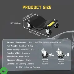 Heavy-Duty Steel Car Wheel Dolly Set of 2/4 4000lbs/8000LBS Capacity Anti-Skid Tire Skates with 360&deg; Swivel Casters