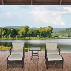 Outsunny 5-Piece Wicker Patio Armchair Set with Ottoman, Outdoor PE Rattan Furniture Set with Comfortable Zippered Cushions & Weather-Fighting Build