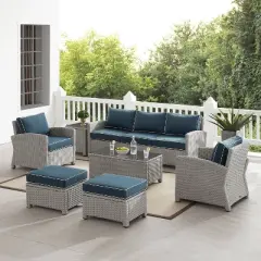 Bradenton 7pc Outdoor Wicker Sofa and Arm Chair Seating Set with Coffee Table, Side Table and 2 Ottomans - Navy/Gray - Crosley