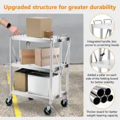 Folding Utility Cart, Stainless Steel Collapsible Service Cart 133 Lbs Large Loading per Shelf, Sturdy 3-Tier Rolling Cart with Wheels Lockable