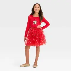 Girls' Long Sleeve Star Tiered Tulle Dress - Cat & Jack&trade; Red
