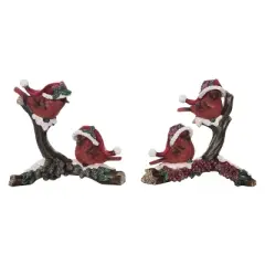 Transpac Set of 2 Resin Santa Hat Cardinal Figurines on Branch - Festive Christmas Decorative Objects for Holiday Cheer