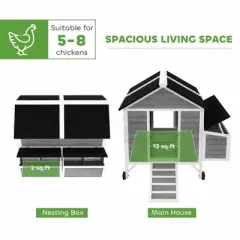 Resenkos Rabbit Hutch, Duck Cage Hutch,Chicken Coop,59" Wooden Chicken Coop w/ Wheels, Handles, 2 Nesting Boxes, 2 Trays, 4 Perches,Gray