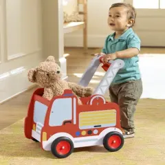 HearthSong 2-in-1 Wooden Fire Truck Walker and Push Toy for Toddlers, with Non-Marking Wheels and Toy Storage