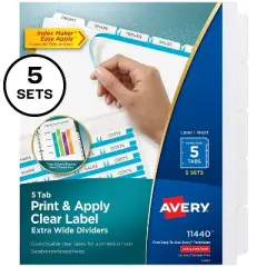 Avery Print & Apply Clear Label Dividers w/White Tabs 5-Tab 11 1/4 x 9 1/4 5 Sets 11440
