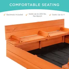 Best Choice Products 47x47-Inch Kids Wooden Outdoor Sandbox w/ 2 Foldable Bench Seats, Sand Protection, Liner - Brown