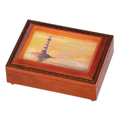 Dicksons Lighthouse at Sunset - John 12:46, Woodgrain Finish 8 x 6 Inch Polymer Trinket Jewelry Music Box