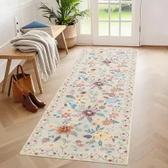 Boho Floral Rug, Washable Soft Low-Pile Non-Shedding Carpet for Living Room, Bedroom, Nursery, Kitchen, Dining, Indoor Use