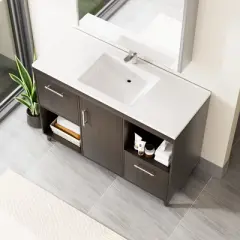 HYLEORY 48.03 in. W X 18.11 in. D X 35.04 in. H Basin Vanity with White Marble Top, Drawers and Open Shelf