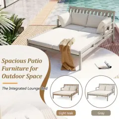 Outdoor Daybed, Patio Daybed with Four Pillows, Wooden Outdoor Bed with Curved Armrests for Poolside, Backyard, Garden