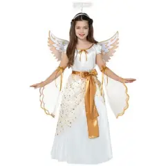 Joyfy Girls' Guardian Angel Costume Halloween &ndash; Gold Satin Dress with Wings & Halo Full Costume for Girl's Cosplay Party Halloween