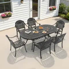 7-Piece Durable Cast Aluminum Outdoor Dining Set - Oval Table & Stackable Chairs Comfortable Red Cushions - Perfect Patio & Backyard Furniture